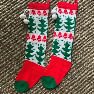 Pair of Vintage 22” Knit Christmas Stockings Red/Green/White
